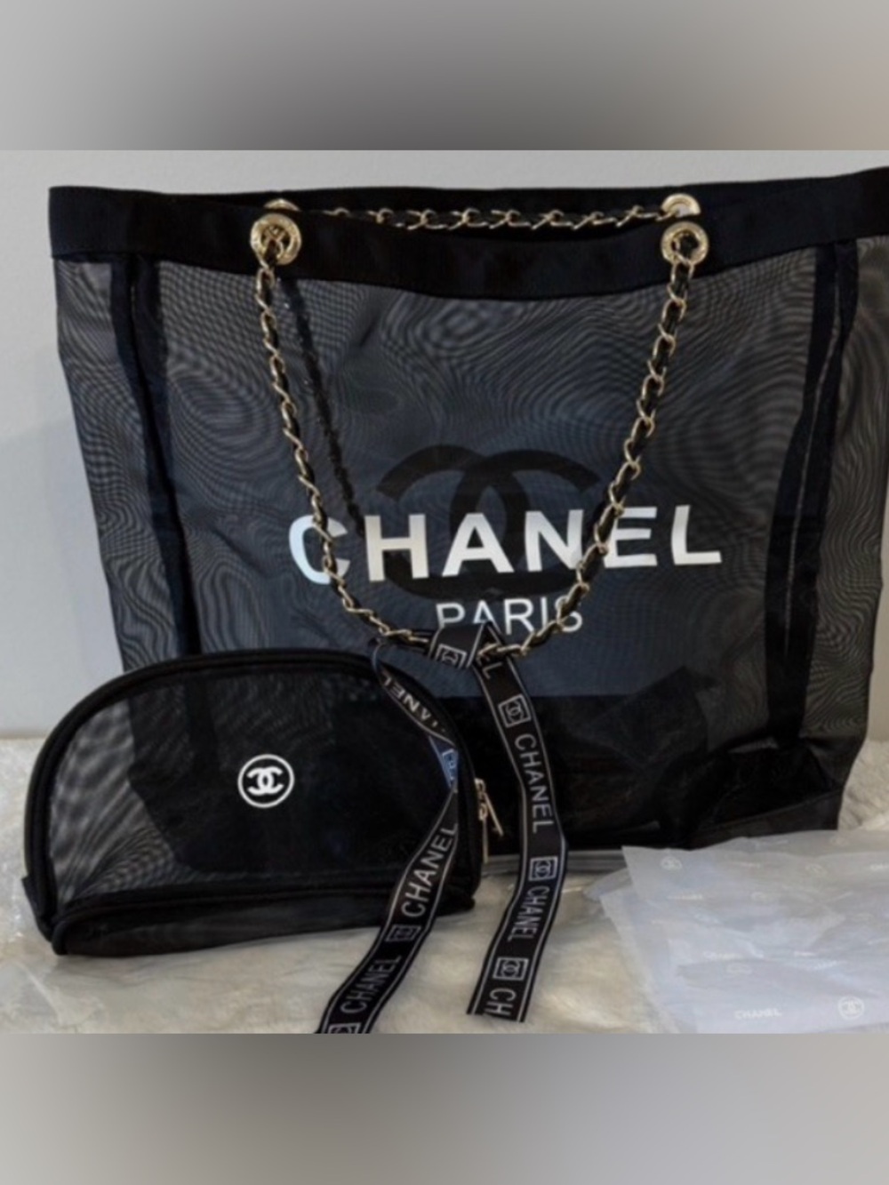 GWP-CHANEL Black Mesh Tote with Gold Chain-Strap Accents & Pouch Bundle